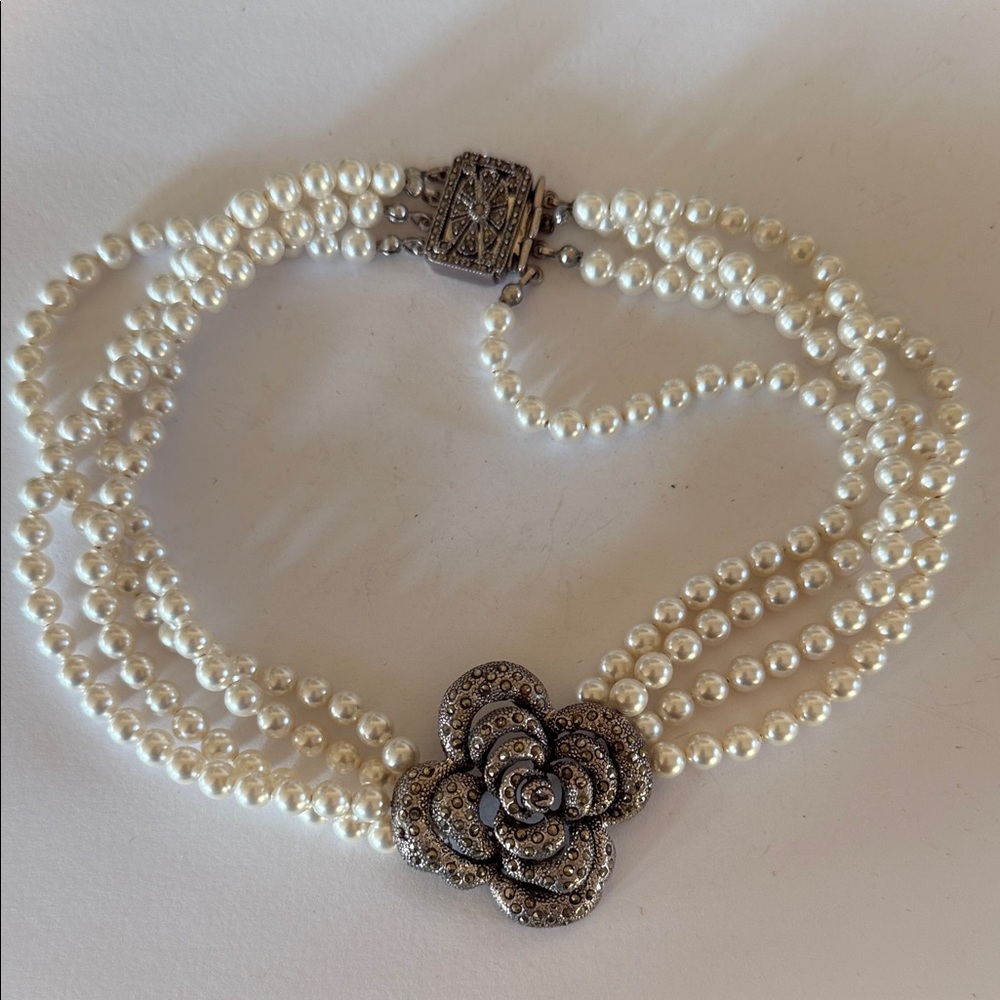 Sterling and Faux Pearl choker necklace